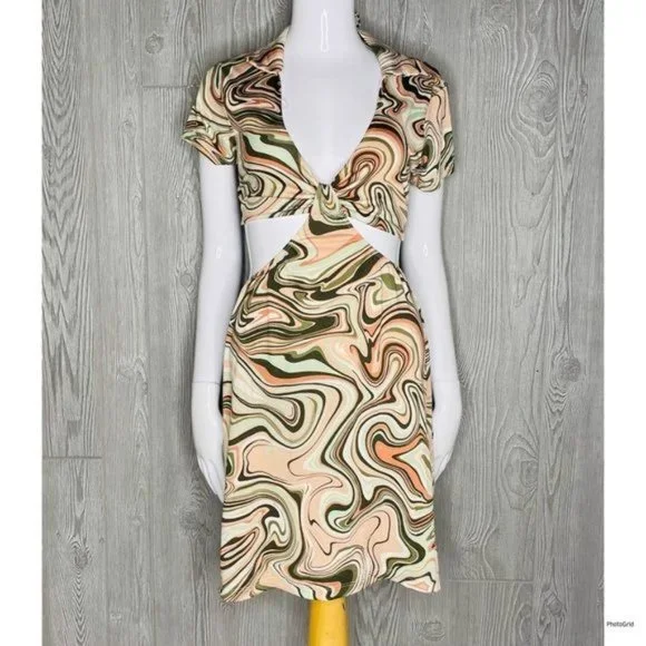 brown and white swirl dress The Art of Balance Cotton Brown Stripe Sleeveless Midi Dress